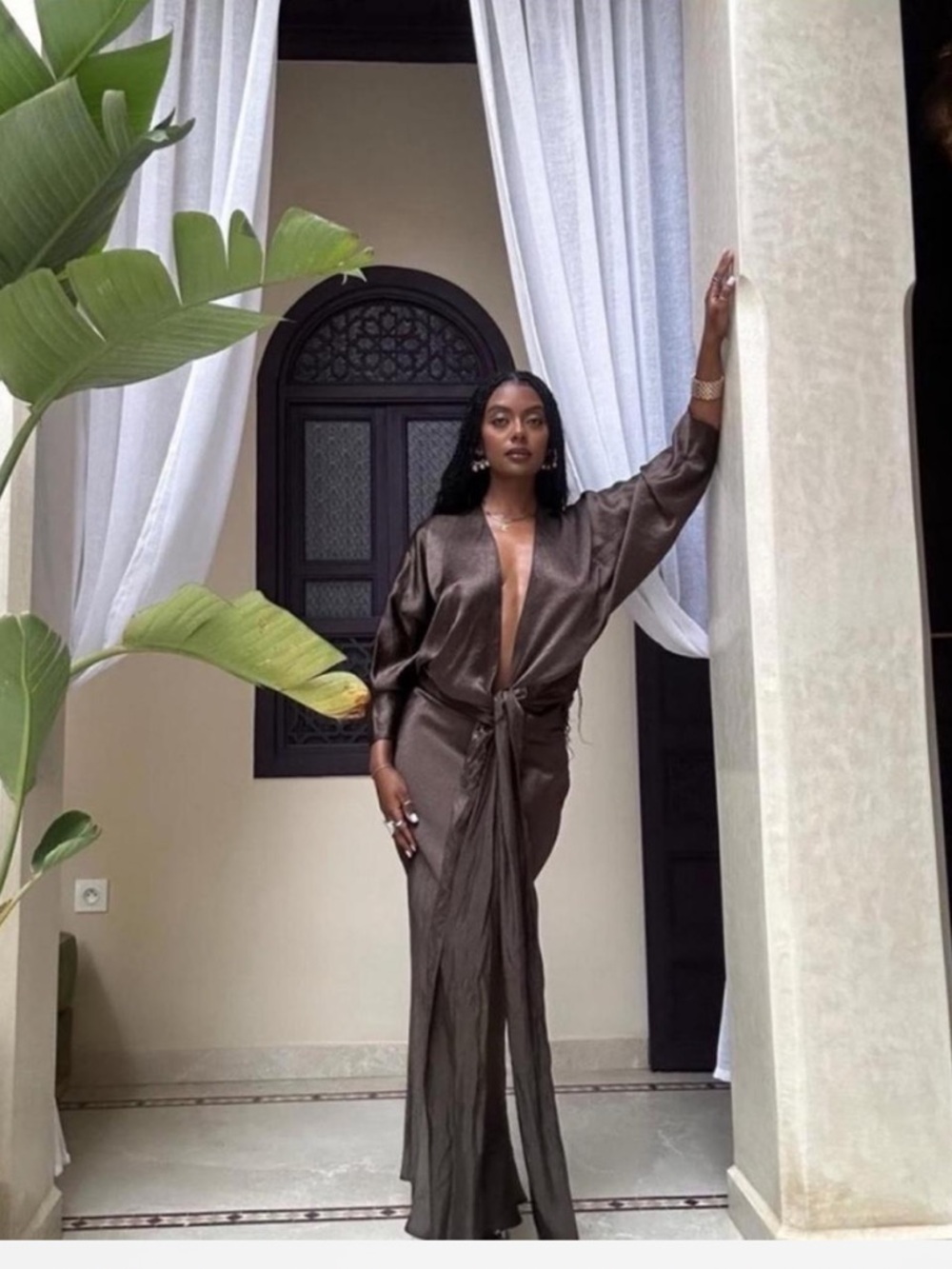 Zara Satin Deep Brown Long Robe Dress - Picture 4 of 5